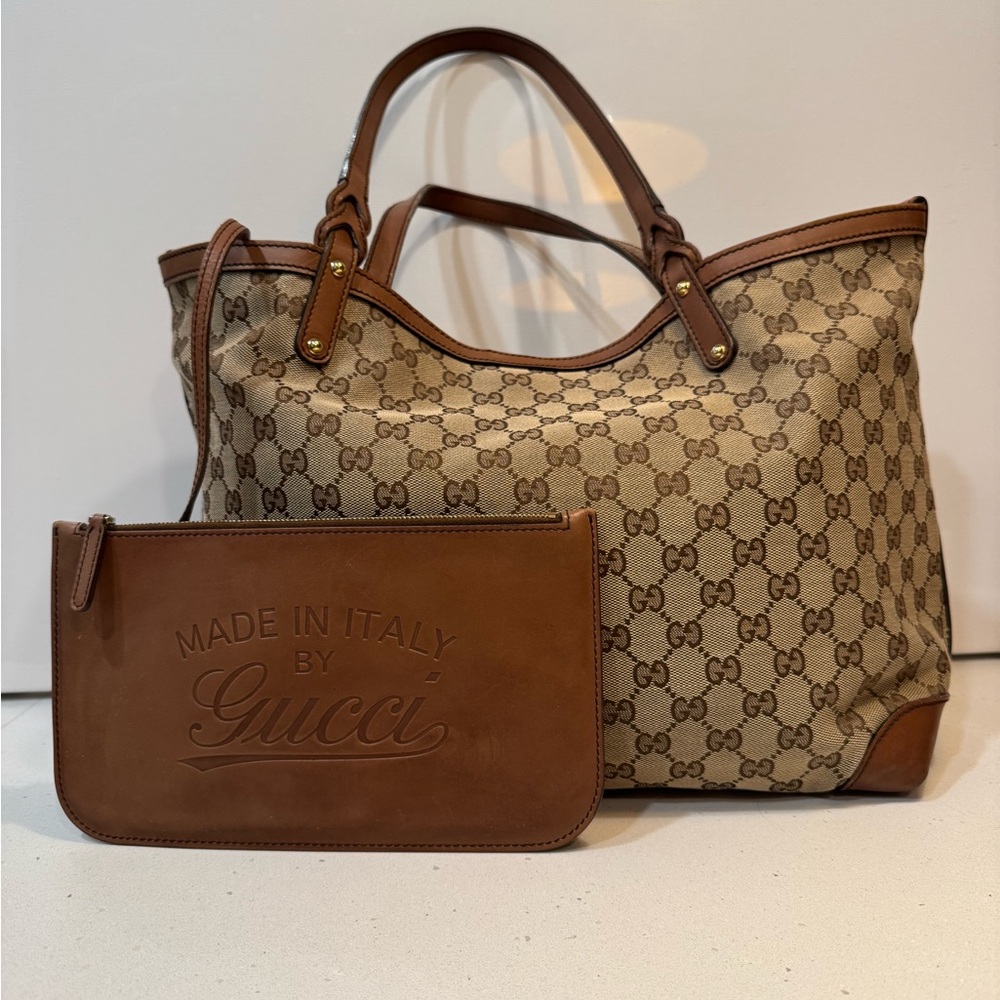 Gucci Craft Beige and Brown Monogram Tote bag handbag with leather Pouch